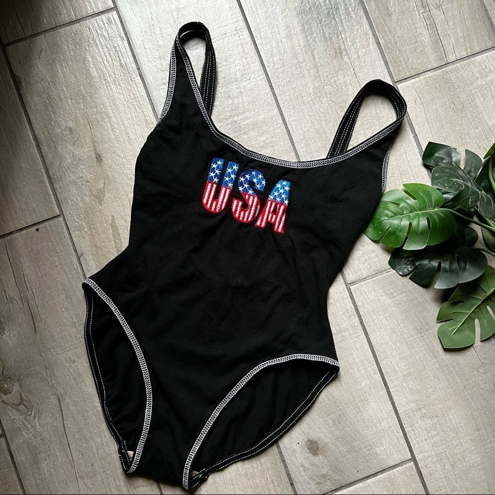 Vintage cotton USA America Flag one piece swimsuit bodysuit by Look & Sea Sz S